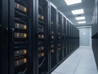 Wide shot of a server room corridor, rows of rack-mounted equipment with blinking indicator lights, cool overhead fluorescent lighting, cables neatly routed along the floor, no people visible