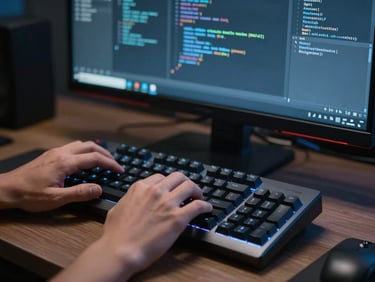 Close-up of a developer's hands on a mechanical keyboard, a large monitor behind showing lines of code in a dark IDE, cool blue-tinted monitor glow on the desk surface, no face visible
