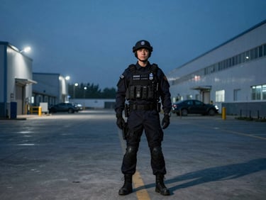 Wide shot of a secured industrial park at dusk, sharp artificial lighting, professional security guard in modern dark tactical uniform standing alert, cool low-key lighting, 35mm lens