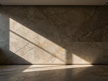 Wide-angle environmental shot of a minimalist luxury interior, veined marble walls, deep shadows, dramatic natural light shaft