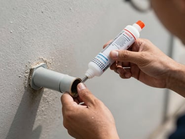 Technician sealing a small pipe entry point with professional wire mesh and sealant under bright daylight.