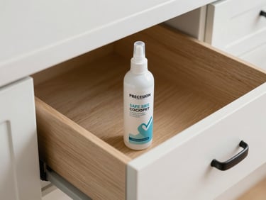 Precision application of safe, odorless insect gel inside a clean kitchen cabinet drawer, focusing on hidden corners