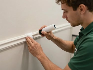 A professional technician in a clean green polo shirt applying a liquid barrier treatment along a wall baseboard.