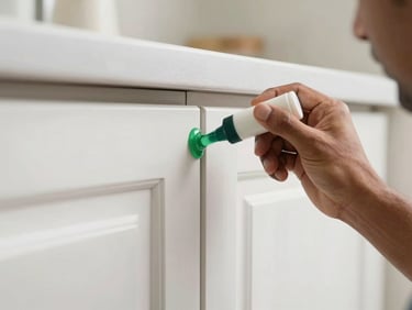 Close-up of a technician's hand applying a precise green gel treatment to a kitchen cabinet corner, bright clean Indian kitchen.