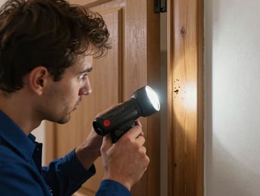 A technician inspects a wooden door frame with a professional flashlight, looking for termite activity, clean indoor lighting