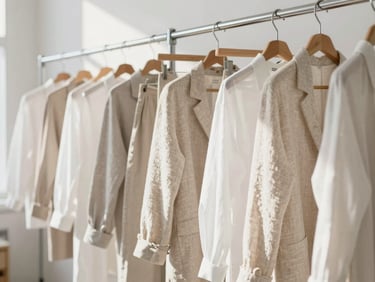 A bright modern design studio with clothing racks, structured linen garments hanging, clean daylight casting soft shadows, 35mm lens