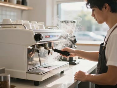 A bustling modern espresso bar, barista calibrating a chrome machine, natural high-key morning light, steam rising, editorial style