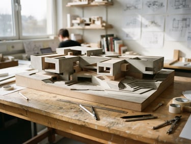 Wide panoramic view of a minimalist architectural model on a drafting table, sharp geometric shadows, warm overcast daylight, 35mm