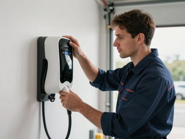 A professional electrician in a clean dark blue uniform meticulously installing a sleek white electric vehicle charger on a clean garage wall, natural light.
