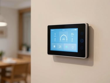 Sleek wall-mounted smart home controller screen in a clean, modern Asturian home, showing simple lighting and climate controls, warm ambient light, close-up shot.