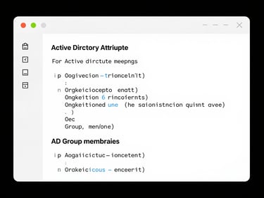Crisp software interface mockup of a JSON configuration file, displaying clean syntax for Active Directory attribute mappings, organizational units, and AD group memberships, with flat vector UI elements and high contrast.