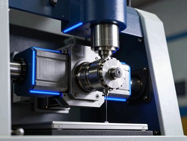 Low-angle close-up of heavy-duty industrial injection molding machines in action, cool blue rim lighting, sharp metallic details, bleeding to the right edge