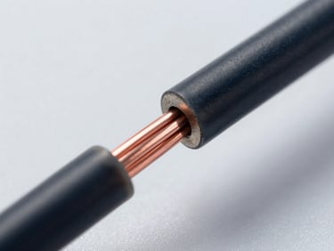 Macro studio shot of high-conductivity copper automotive wires, showing the clean extrusion and robust insulation, technical layout, cool industrial lighting
