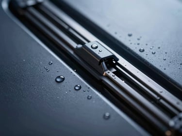 Close-up of an aerodynamic wiper blade, water droplets beaded on a sleek dark metallic surface, dramatic cool studio rim lighting, macro lens
