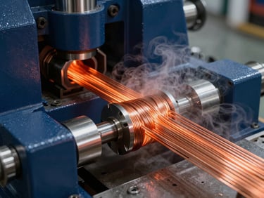 High-contrast industrial photo of copper wire extrusion process, glowing orange metal thread passing through heavy navy machinery, steam, sharp detail.