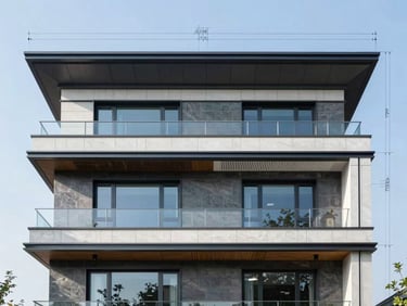 Straight-on architectural elevation of a modern luxury residence with integrated HVAC linear diffusers, crisp daylight, technical blueprint overlay lines.