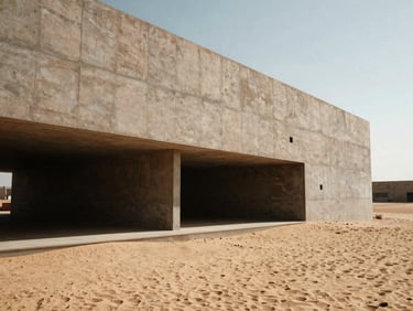 Wide-angle low-angle architectural shot of a modern minimalist concrete building facade under sharp natural sunlight and deep shadows, warm desert sand tones, 35mm photography