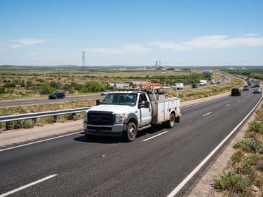 Wide angle shot of a branded service truck driving on a bright Texas highway under natural sunlight, sharp focus, high-contrast industrial tones