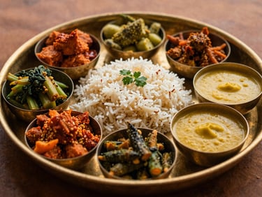 Colorful vegetarian thali with various vegetable dishes, rice, and dal in a brass kasa plate, warm earthy tones