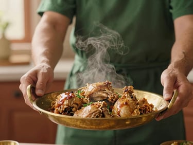 Hands serving home-cooked chicken meal in a brass kasa plate, steam rising, warm kitchen light, shallow depth of field, 35mm film.