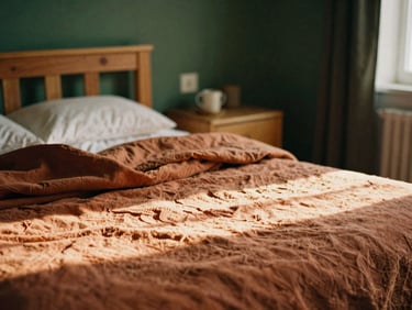Comfortable room interior with a warm blanket on a bed, natural wooden furniture, soft light, warm editorial photography, 35mm film.