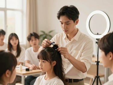 Medium close-up of a male academy director, clean studio ring light, demonstrating a hair styling technique to a group of attentive students in a well-lit classroom. Ivory and beige tones, shallow depth of field.