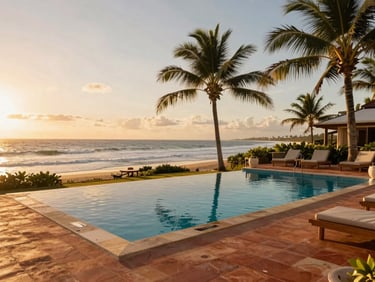Luxurious boutique resort pool overlooking the ocean in Ceará, warm terracotta tiles, palm trees swaying in golden hour light, 35mm lens