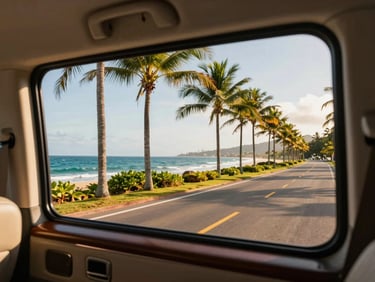 Interior of a premium private transport vehicle, view through the window of a scenic coastal road lined with coconut trees, bright daylight