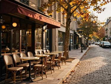 A quiet cobblestone street in Paris during golden hour, elegant cafe tables outside, warm sunlight filtering through autumn leaves, cinematic composition, 35mm lens