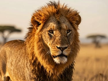 Cinematic close-up of a majestic lion in the African savanna, warm golden-hour sunlight, 35mm lens
