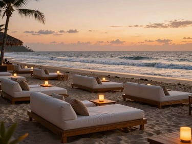 An elegant beach club lounge at sunset, comfortable white daybeds, warm ambient lighting, ocean waves in the background