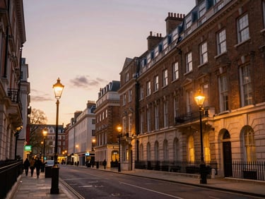 A historic London street with classic architecture, soft twilight sky, warm streetlamps glowing, cinematic composition.