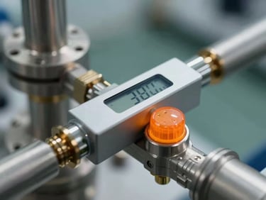 Macro close-up of a high-precision digital pH sensor installed in a stainless steel industrial pipe, technical orange status indicator light, sharp metallic details, professional engineering environment