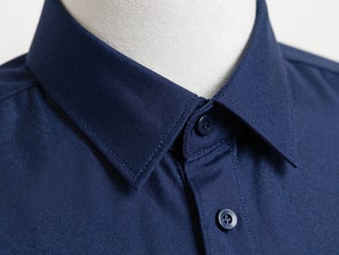 Close-up of a perfectly tailored corporate shirt collar with precise stitching, navy blue fabric, bright studio light.