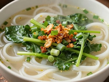 A steaming bowl of hot bihun soup with fresh greens, spring onions and fried shallots on top, warm light.