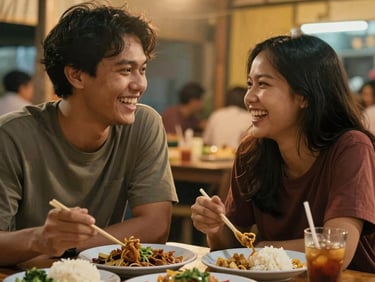 An Indonesian young couple laughing and enjoying their dinner at a cozy traditional food stall with warm golden ambient light.