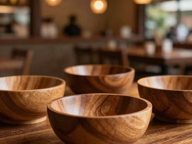 A high-quality photo of clean wooden bowls on a table with warm glowing lights in the background, showing a cozy Javanese bistro layout.