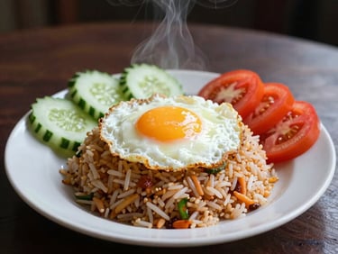 A plate of Javanese fried rice with steam rising, a perfectly fried egg on top, cucumber slices, and tomatoes on a dark wood table.