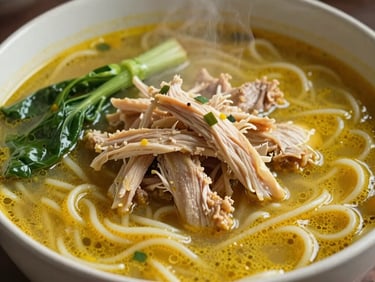 A steaming hot bowl of Javanese noodle soup with rich thick yellow broth, vegetables, and shredded chicken cooked traditionally.
