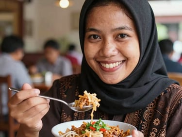 Close-up of a happy Javanese customer holding a spoon of delicious food, smiling warmly inside a well-lit traditional Javanese restaurant.