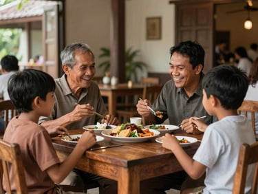 An Indonesian family dining together happily at a clean, rustic wooden table in a warm traditional Javanese restaurant environment.