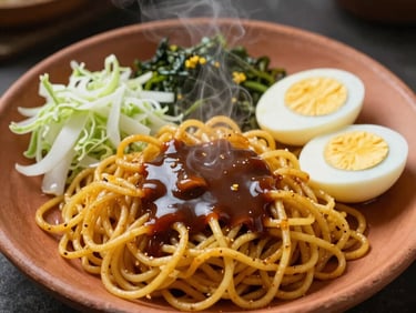 A steaming plate of Javanese fried noodles, yellow noodles with sweet soy sauce, cabbage, mustard greens, and eggs on a clay plate.