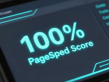 Macro close-up of a 100% PageSpeed score interface, neon cyan data lines glowing on a deep graphite background, sharp technical details, 3D rendering.