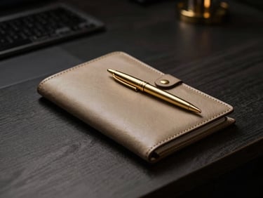 Sleek executive workspace with a leather portfolio and gold pen, low-key dramatic studio lighting, dark luxury aesthetic
