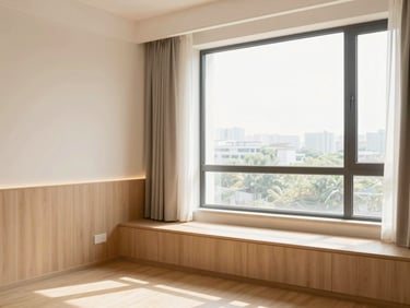 A clean, bright apartment interior with warm wooden accents and soft daylight streaming through a large window, designed for comfortable recovery, 35mm lens