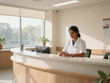 A bright, modern Indian hospital reception desk with natural daylight pouring through high windows, warm professional clinical environment, 35mm lens
