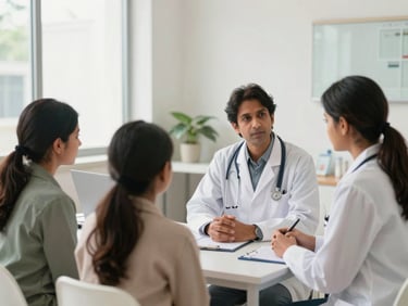 A patient and their family member consulting with an empathetic doctor in a clean, modern Indian hospital office, soft natural daylight, professional environment.