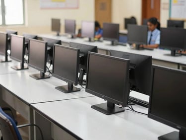 Modern school computer laboratory in India, flat-screen monitors neatly lined up on white desks, clean and organized setup