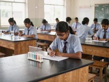 Clean school chemistry lab in India, glass beakers and test tubes on black countertops, organized wooden stools, bright daylight