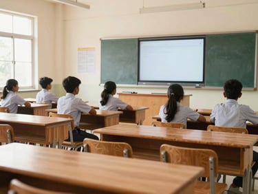 Bright Indian classroom with modern digital interactive board, clean wooden desks neatly arranged, natural daylight through wide windows